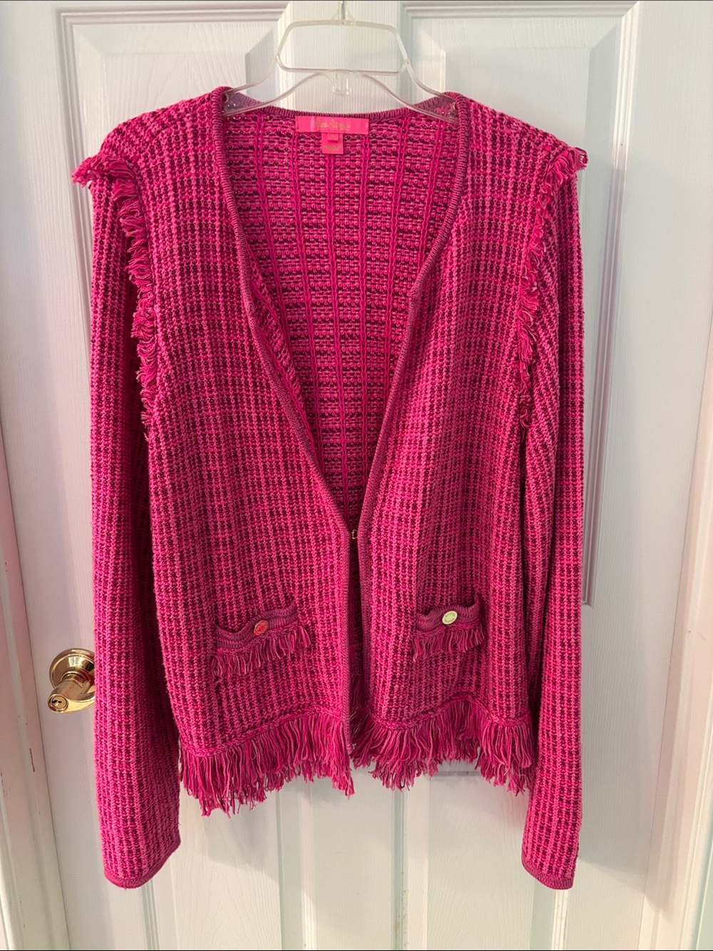 Women's Hot Pink Fringe Open Cardigan Sweater